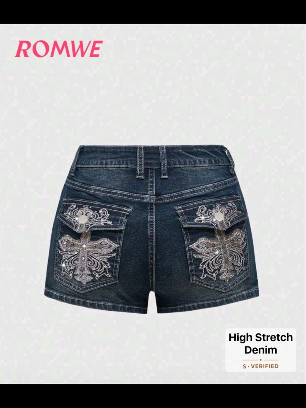Y2K Embroidered Cross & Rhinestone Low Rise Low Waist Mini Denim Shorts